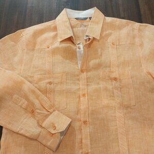 Bohio Guayabera Shirt Mens M 100% Linen Orange Cuban Traditional Long Sleeve